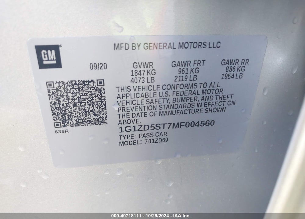 2021 CHEVROLET MALIBU FWD LT VIN: 1G1ZD5ST7MF004560