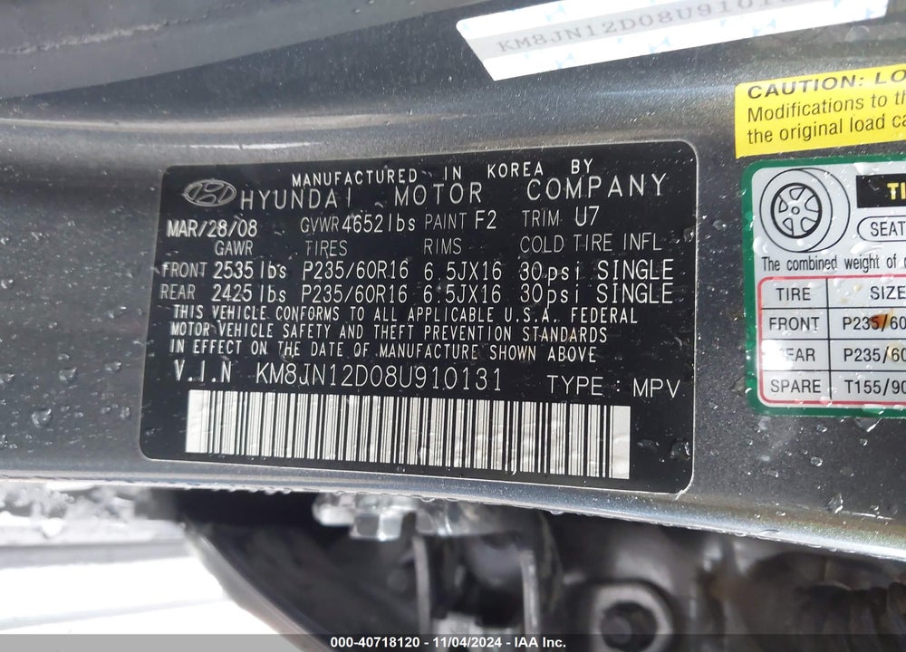 2008 HYUNDAI TUCSON VIN: KM8JN12D08U910131