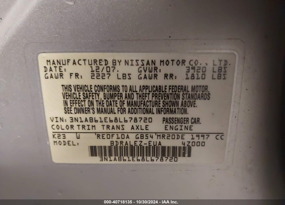 2008 NISSAN SENTRA 2.0S VIN: 3N1AB61E68L678720