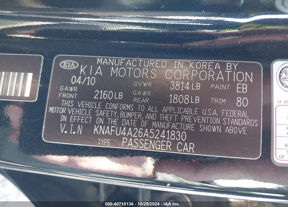 2010 KIA FORTE EX VIN: KNAFU4A26A5241830