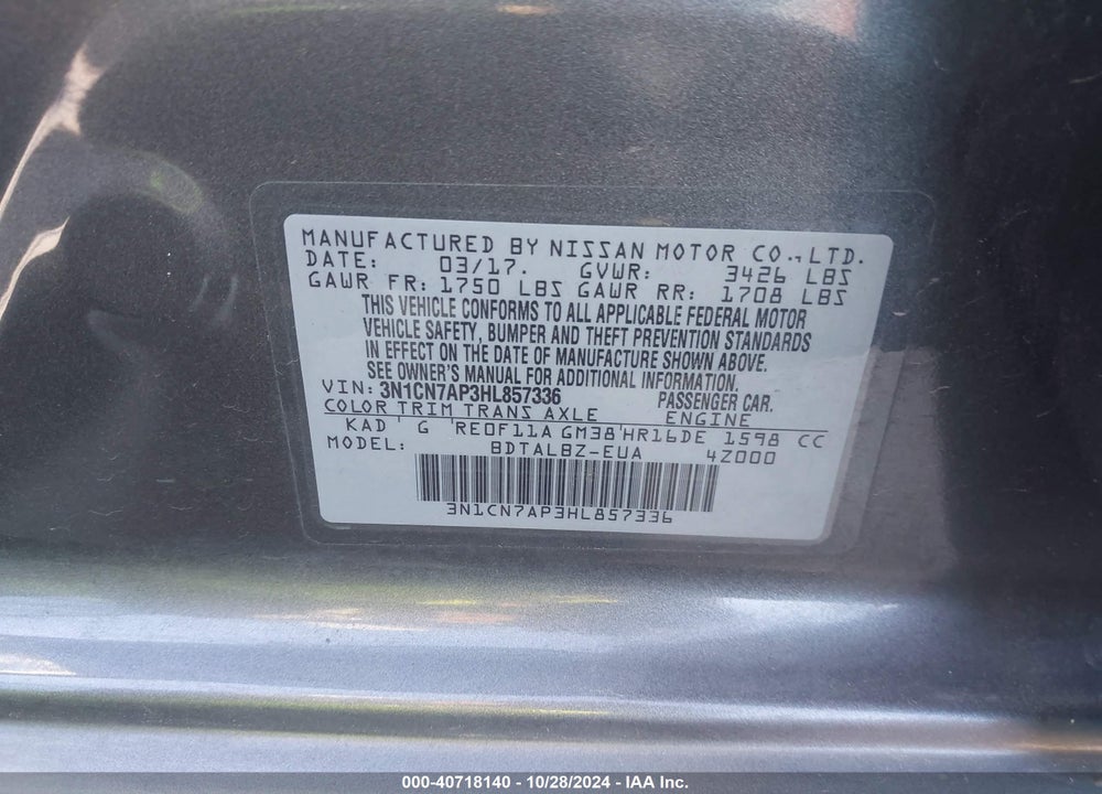 2017 NISSAN VERSA 1.6 SV VIN: 3N1CN7AP3HL857336
