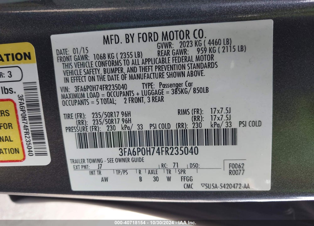 2015 FORD FUSION SE VIN: 3FA6P0H74FR235040