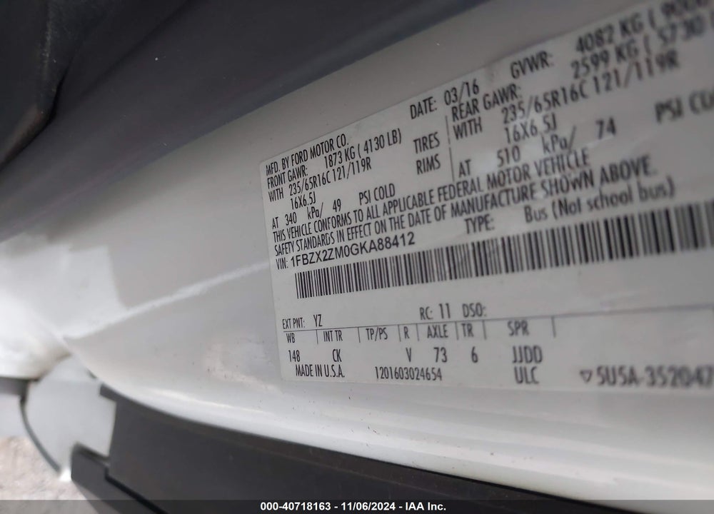 2016 FORD TRANSIT-350 XLT VIN: 1FBZX2ZM0GKA88412