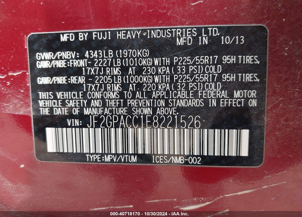 2014 SUBARU XV CROSSTREK 2.0I PREMIUM VIN: JF2GPACC1E8221526