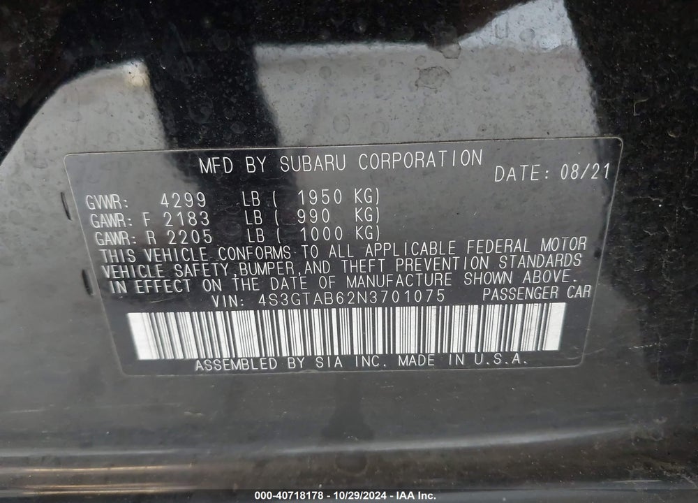 2022 SUBARU IMPREZA BASE 5-DOOR VIN: 4S3GTAB62N3701075