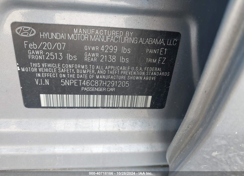 2007 HYUNDAI SONATA GLS VIN: 5NPET46C87H291205