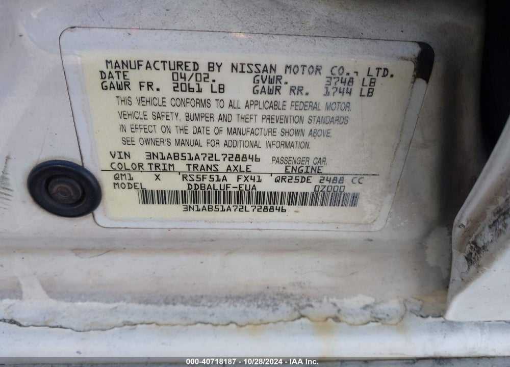 2002 NISSAN SENTRA SE-R VIN: 3N1AB51A72L728846