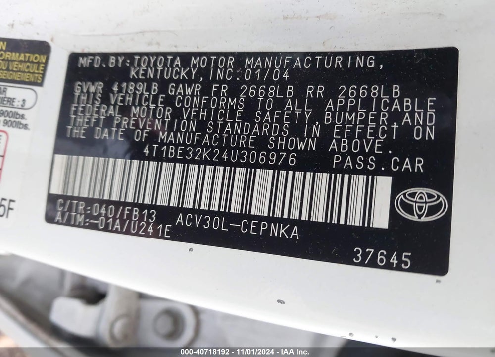 2004 TOYOTA CAMRY LE VIN: 4T1BE32K24U306976