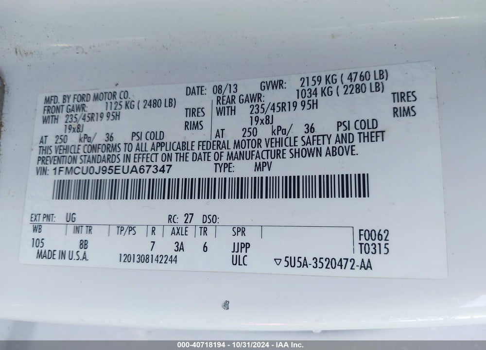 2014 FORD ESCAPE TITANIUM VIN: 1FMCU0J95EUA67347