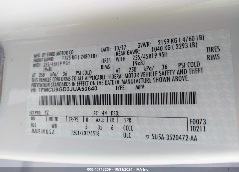 2018 FORD ESCAPE SE VIN: 1FMCU9GD3JUA50640