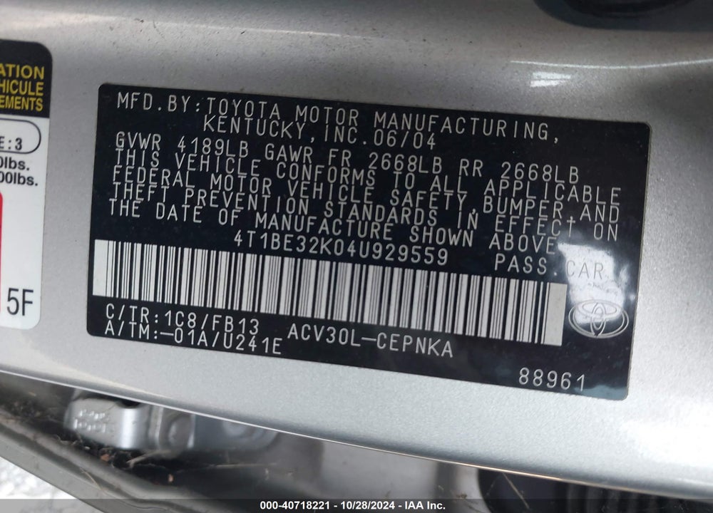 2004 TOYOTA CAMRY LE VIN: 4T1BE32K04U929559