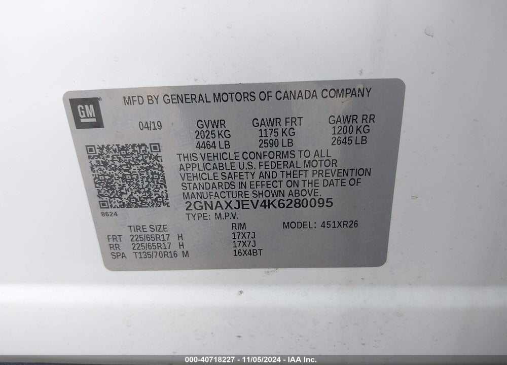 2019 CHEVROLET EQUINOX LT VIN: 2GNAXJEV4K6280095