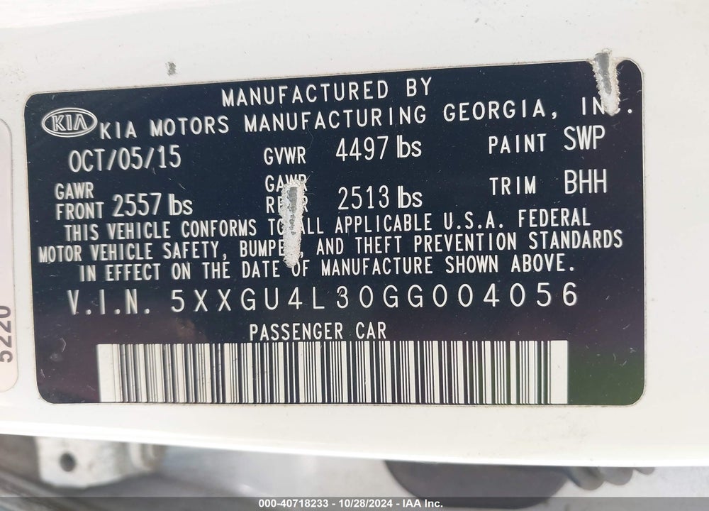 2016 KIA OPTIMA EX VIN: 5XXGU4L30GG004056