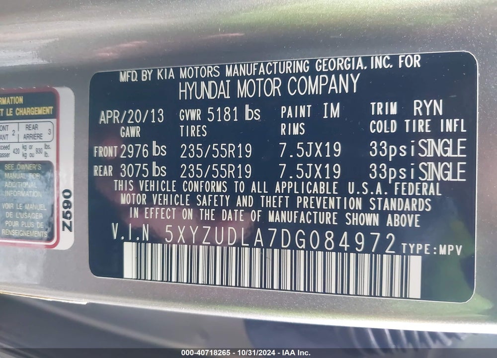 2013 HYUNDAI SANTA FE VIN: 5XYZUDLA7DG084972