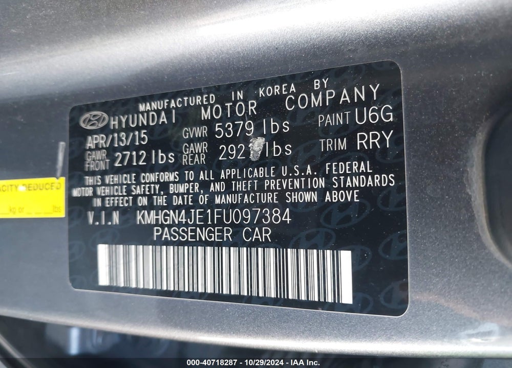 2015 HYUNDAI GENESIS 3.8 VIN: KMHGN4JE1FU097384