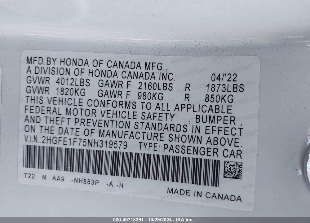 2022 HONDA CIVIC EX VIN: 2HGFE1F75NH319579