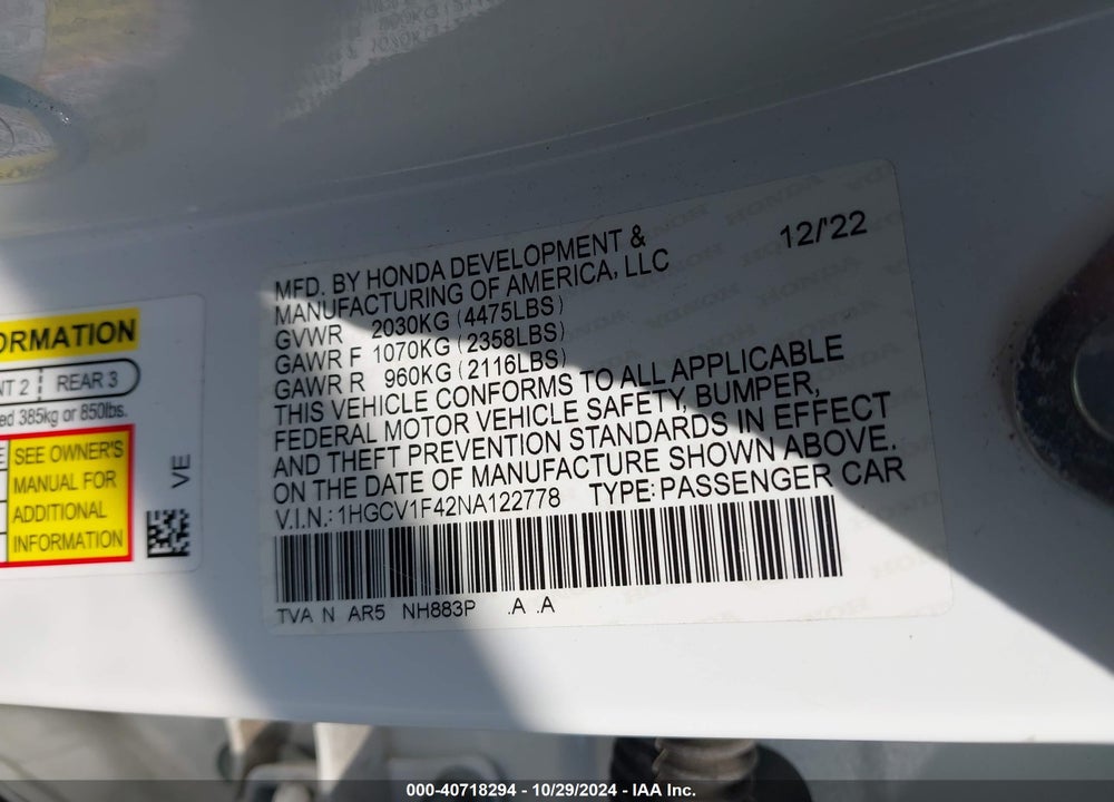 2022 HONDA ACCORD SPORT SPECIAL EDITION VIN: 1HGCV1F42NA122778