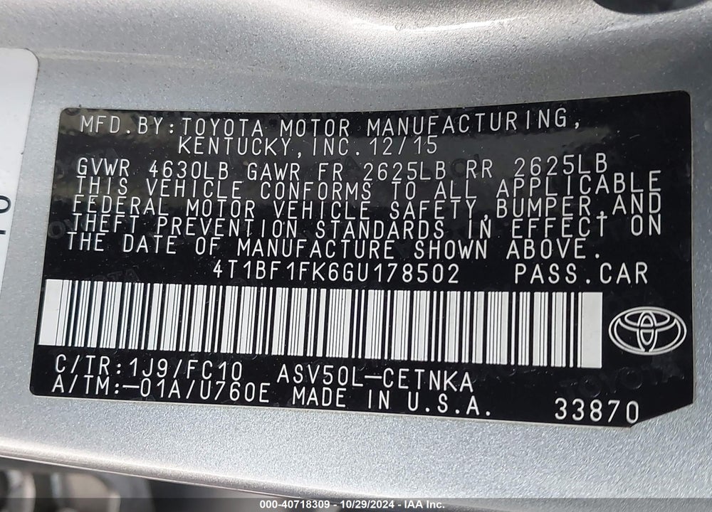 2016 TOYOTA CAMRY LE VIN: 4T1BF1FK6GU178502