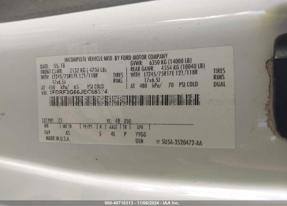 2018 FORD F-350 CHASSIS XL VIN: 1FDRF3G66JEC68374