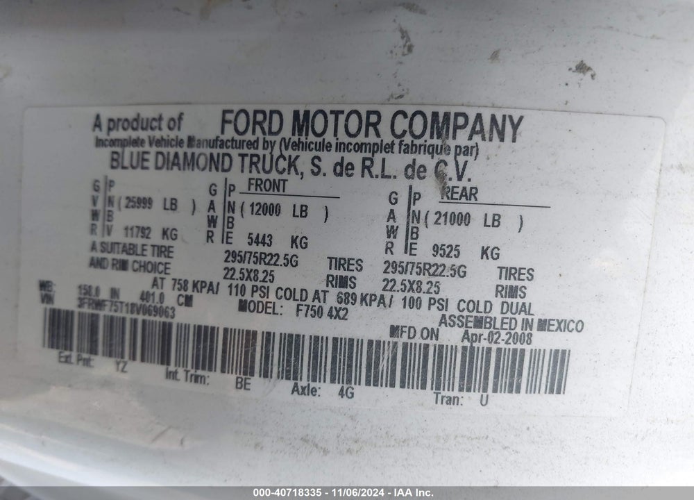 2008 FORD F-750 XL/XLT VIN: 3FRWF75T18V069063