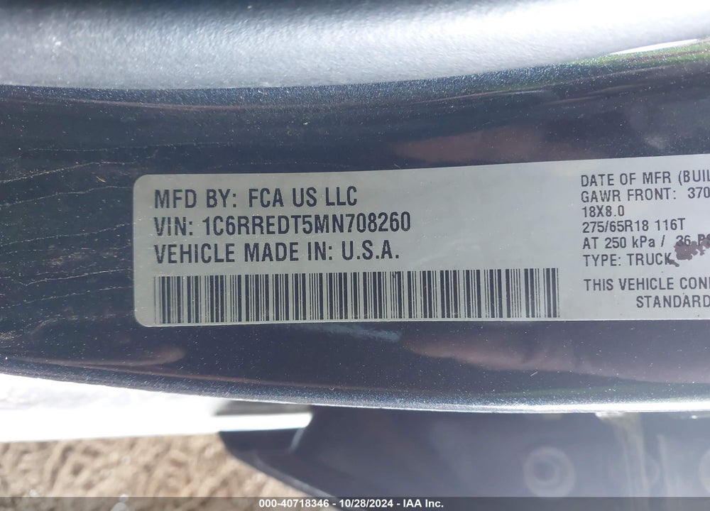 2021 RAM 1500 VIN: 1C6RREDT5MN708260