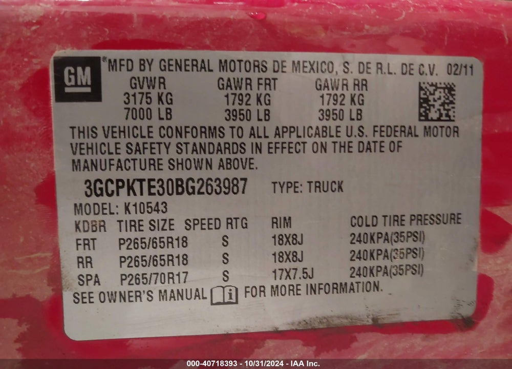 2011 CHEVROLET SILVERADO 1500 LTZ VIN: 3GCPKTE30BG263987