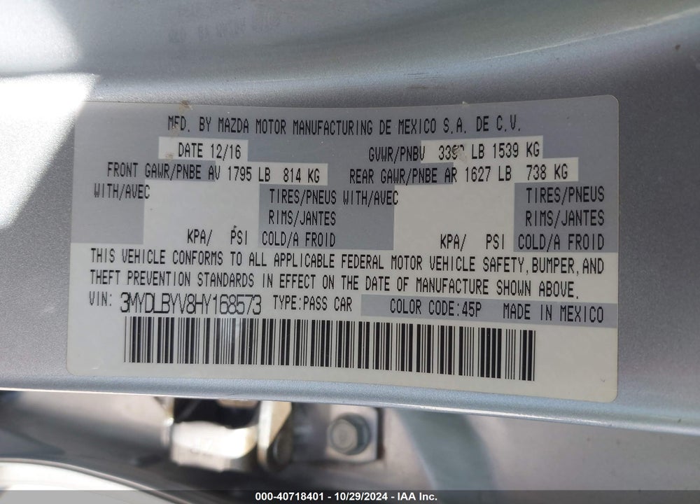 2017 TOYOTA YARIS IA VIN: 3MYDLBYV8HY168573