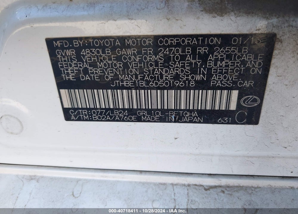 2013 LEXUS GS 350 VIN: JTHBE1BL6D5019618