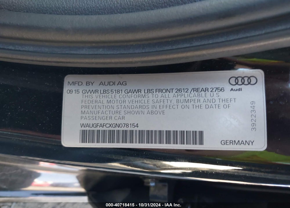 2016 AUDI A6 2.0T PREMIUM PLUS VIN: WAUGFAFCXGN078154