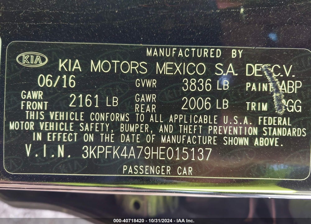 2017 KIA FORTE LX VIN: 3KPFK4A79HE015137