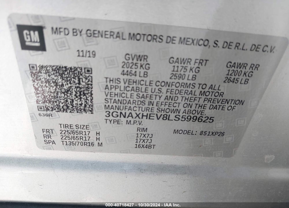 2020 CHEVROLET EQUINOX FWD LS VIN: 3GNAXHEV8LS599625