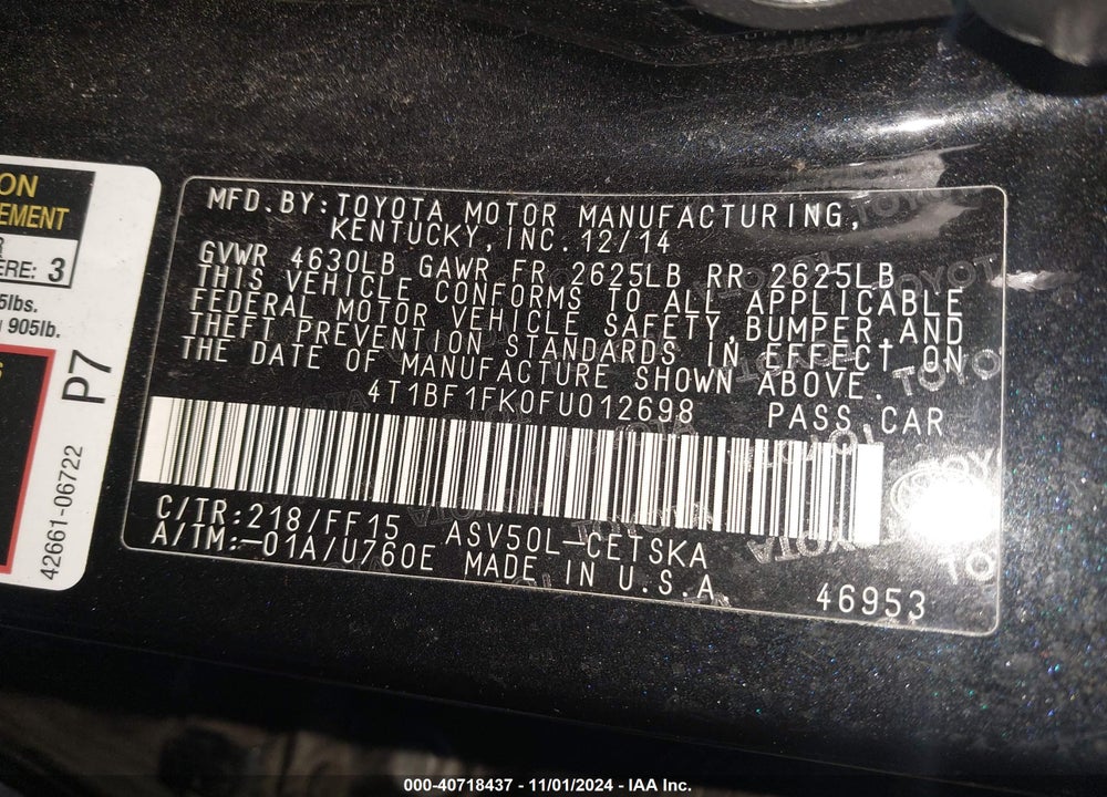 2015 TOYOTA CAMRY SE VIN: 4T1BF1FK0FU012698