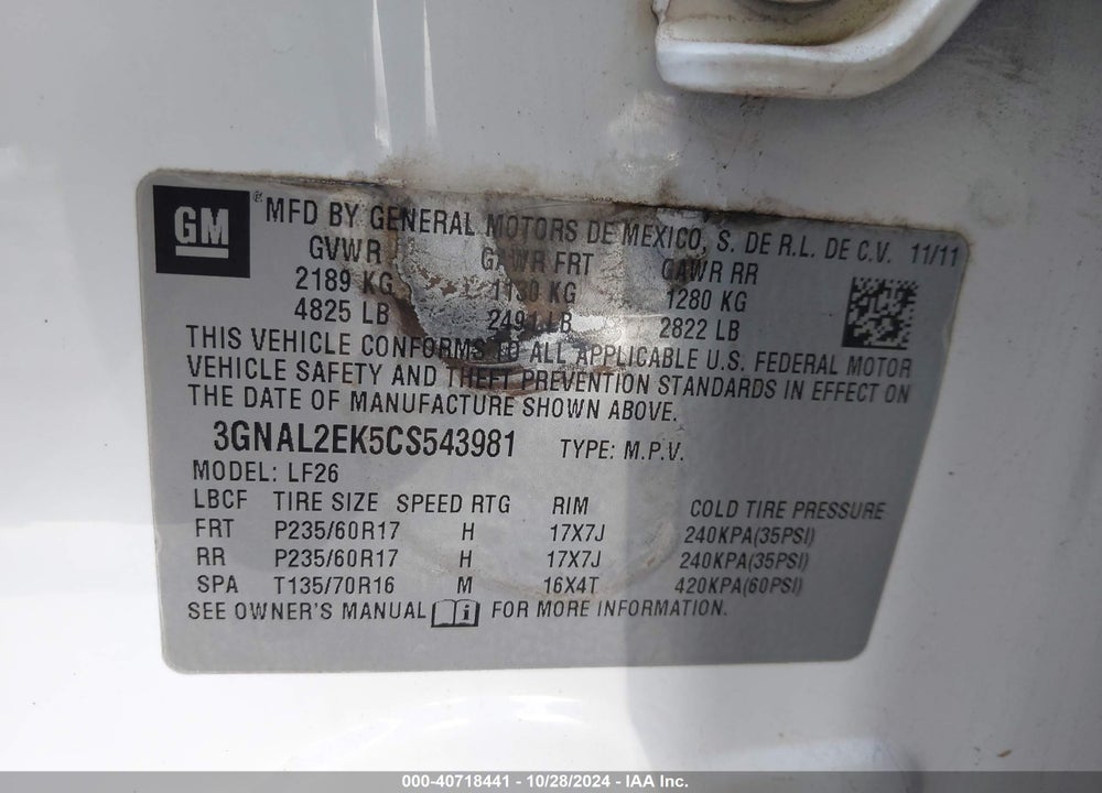 2012 CHEVROLET CAPTIVA SPORT 2LS VIN: 3GNAL2EK5CS543981