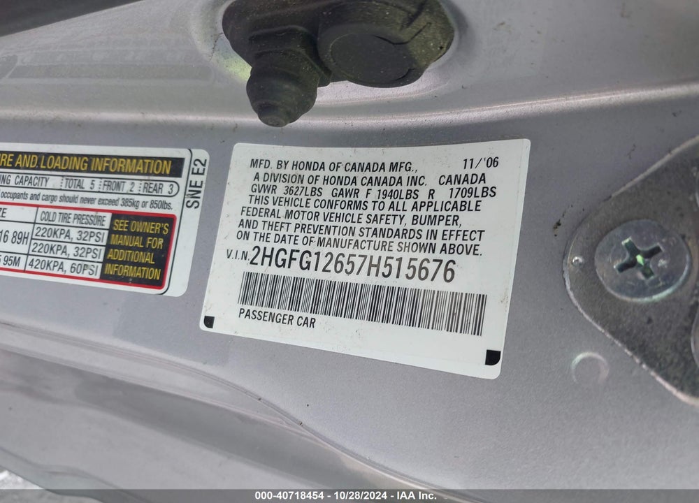2007 HONDA CIVIC LX VIN: 2HGFG12657H515676