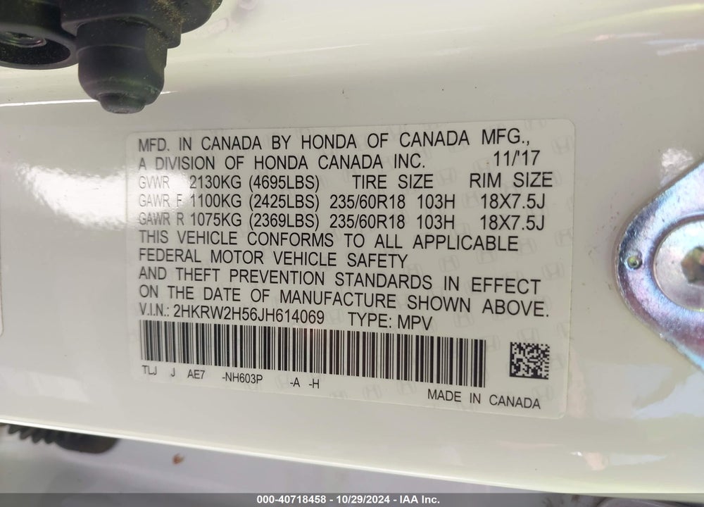 2018 HONDA CR-V EX VIN: 2HKRW2H56JH614069