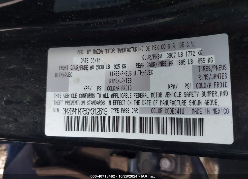 2016 MAZDA 3 I TOURING VIN: 3MZBM1M75GM312619