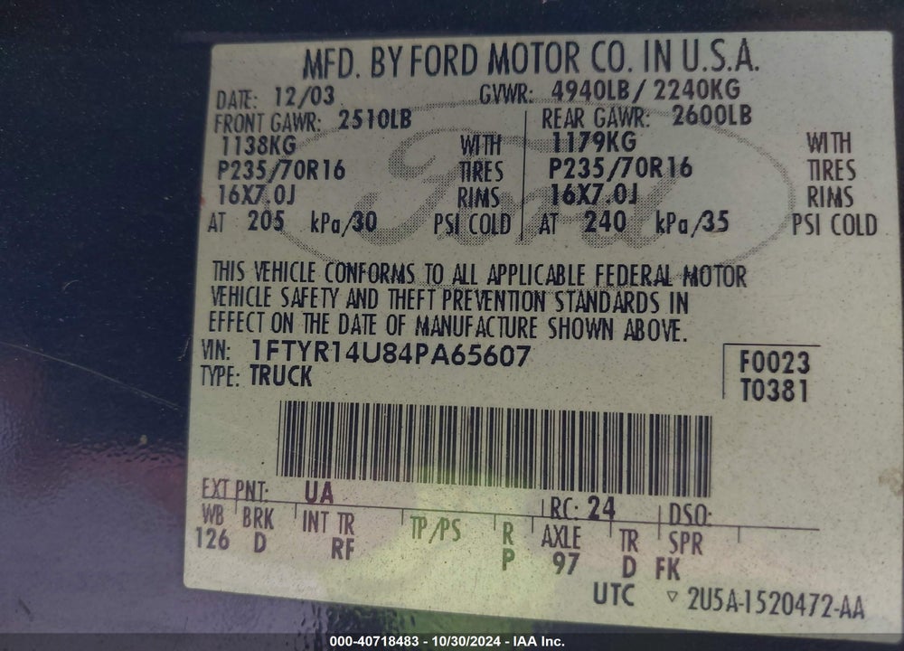 2004 FORD RANGER EDGE/TREMOR/XL/XLT VIN: 1FTYR14U84PA65607