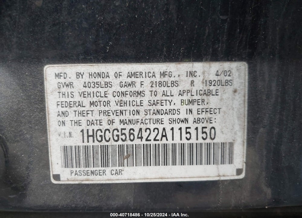 2002 HONDA ACCORD 2.3 LX VIN: 1HGCG56422A115150