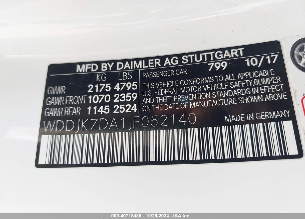2018 MERCEDES-BENZ SL 550 VIN: WDDJK7DA1JF052140