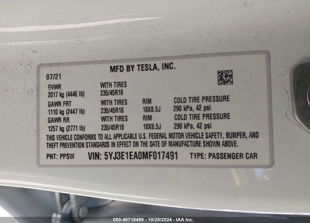 2021 TESLA MODEL 3 STANDARD RANGE PLUS REAR-WHEEL DRIVE VIN: 5YJ3E1EA0MF017491
