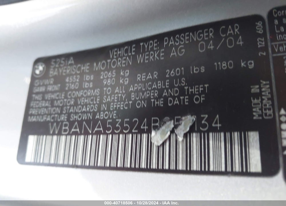 2004 BMW 525I VIN: WBANA53524B851134