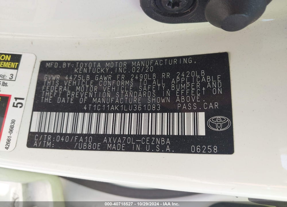 2020 TOYOTA CAMRY LE VIN: 4T1C11AK1LU361083