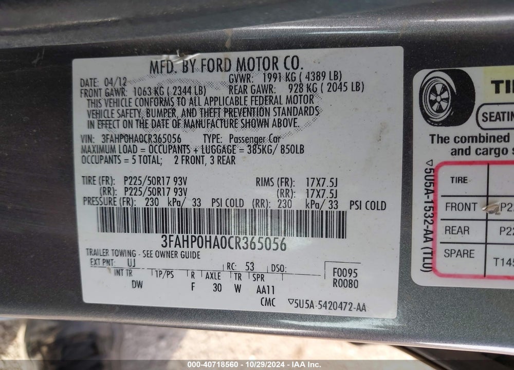 2012 FORD FUSION VIN: 3FAHP0HA0CR365056