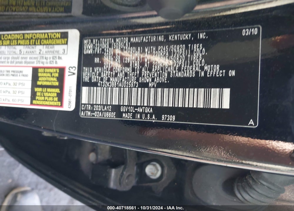 2010 TOYOTA VENZA BASE V6 VIN: 4T3ZK3BB1AU025973