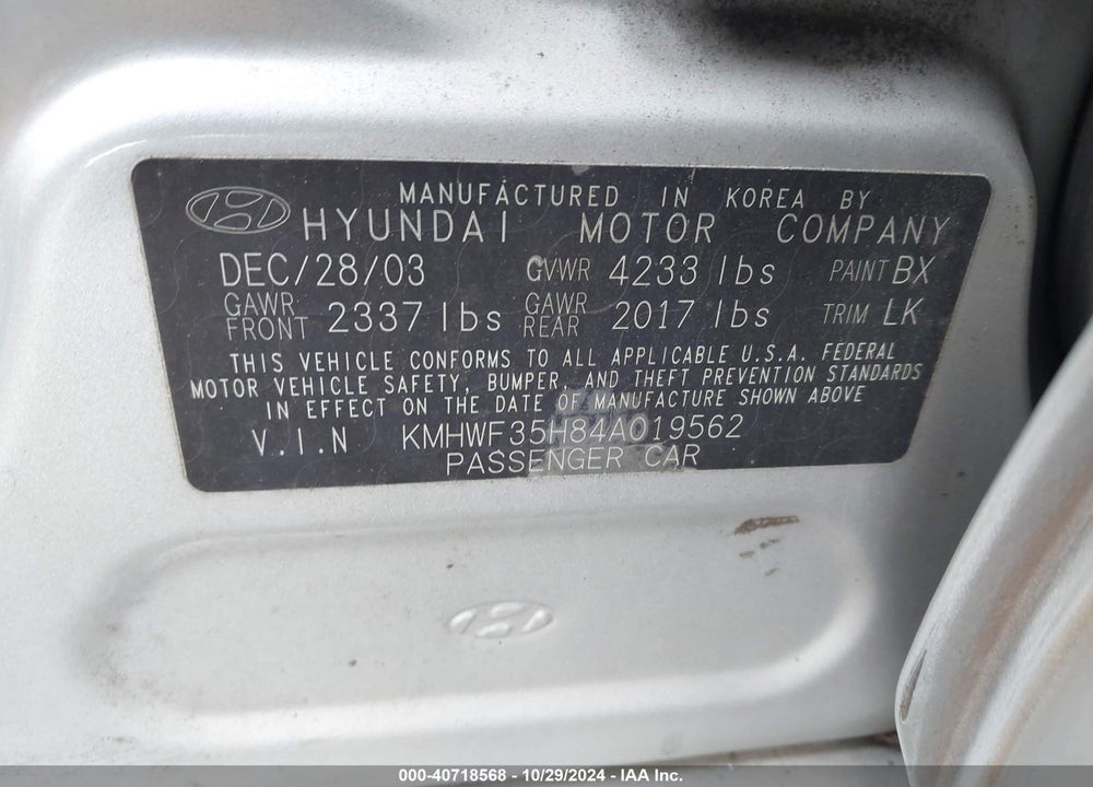 2004 HYUNDAI SONATA GLS/LX VIN: KMHWF35H84A019562