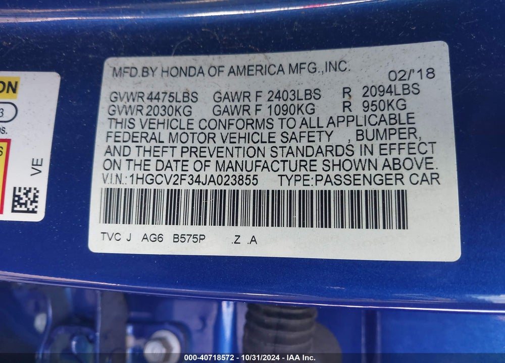 2018 HONDA ACCORD SPORT 2.0T VIN: 1HGCV2F34JA023855