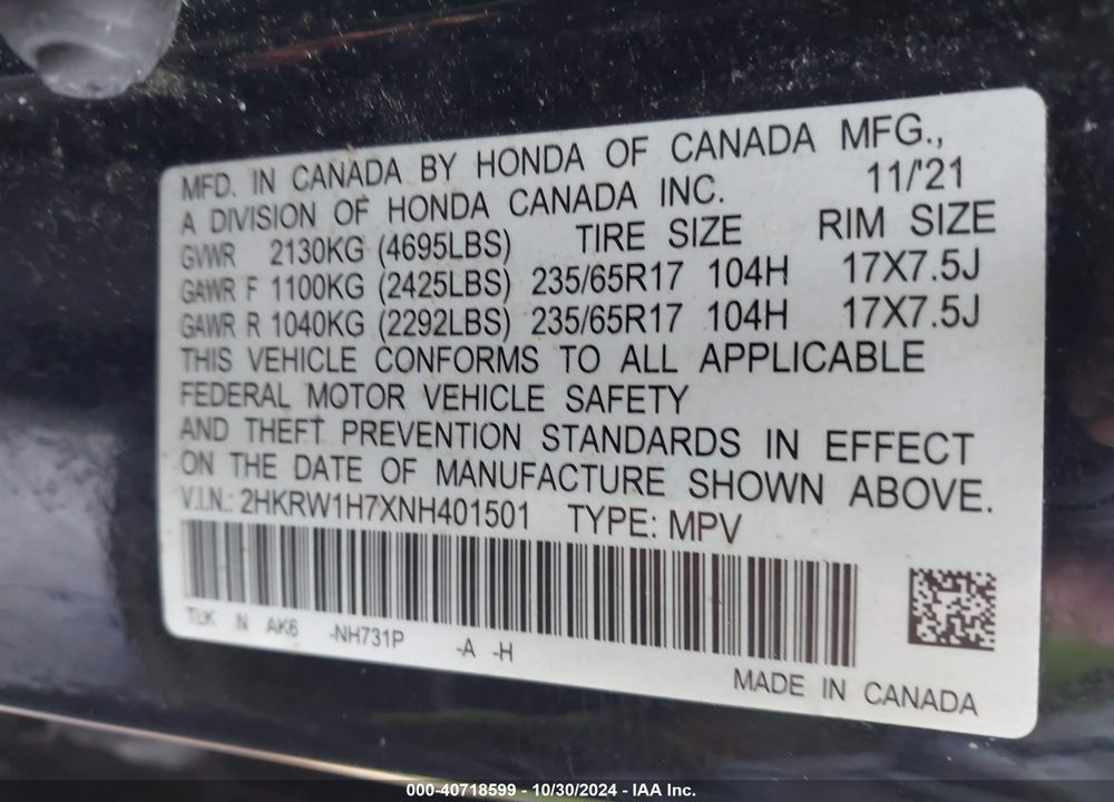 2022 HONDA CR-V 2WD SPECIAL EDITION VIN: 2HKRW1H7XNH401501