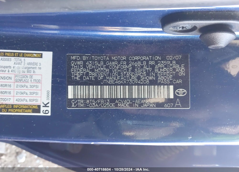 2007 TOYOTA CAMRY CE VIN: JTNBE46KX73094208