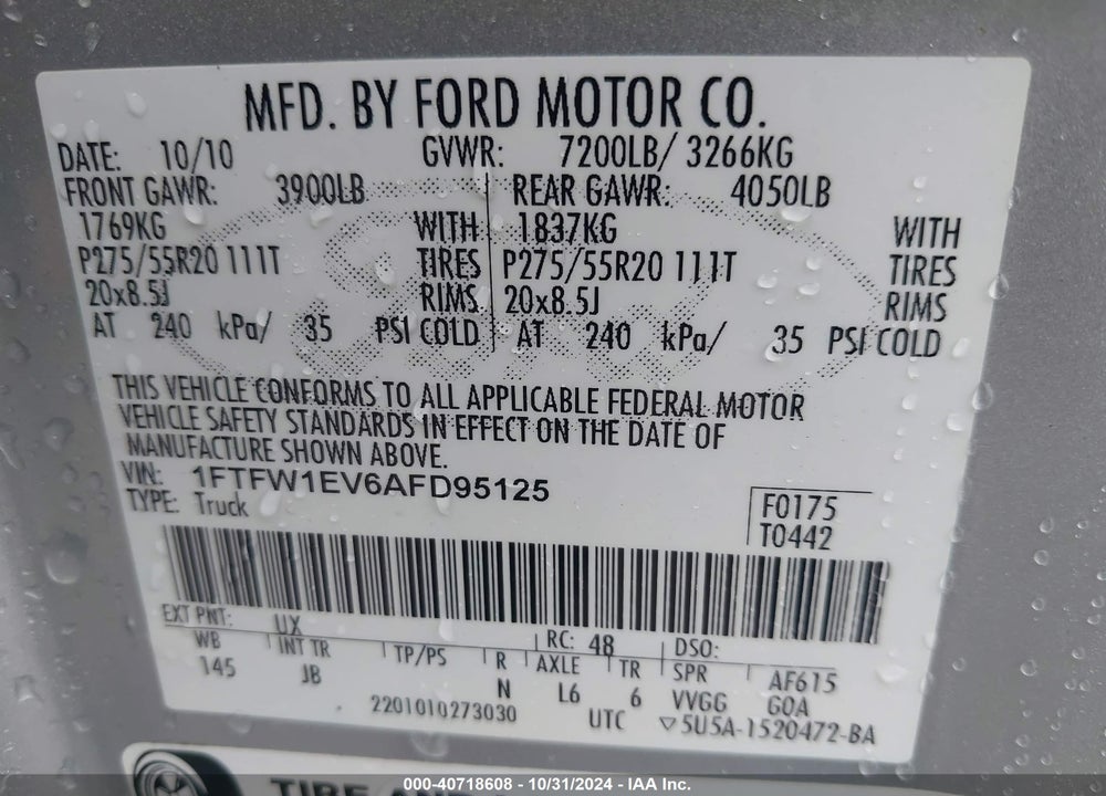 2010 FORD F-150 FX4/HARLEY-DAVIDSON/KING RANCH/LARIAT/PLATINUM/XL/XLT VIN: 1FTFW1EV6AFD95125