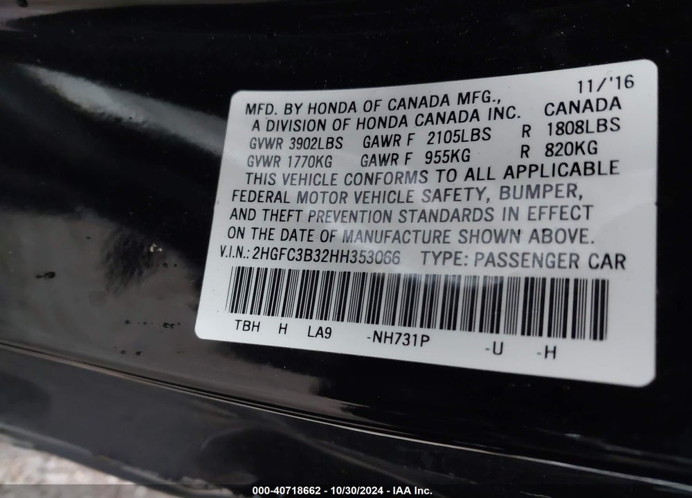 2017 HONDA CIVIC EX-T VIN: 2HGFC3B32HH353066